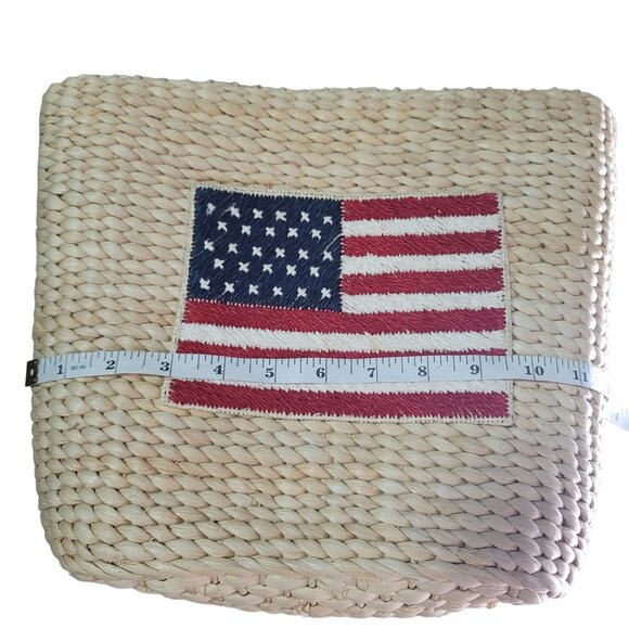 Handwoven Straw Tote Bag With American Flag embroidered Patch & Leather Straps - Picture 7 of 8